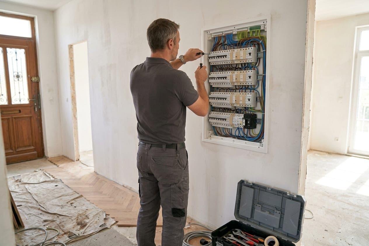 Électricien de dos serrant les borniers d’un tableau électrique neuf, caisse à outils ouverte au sol